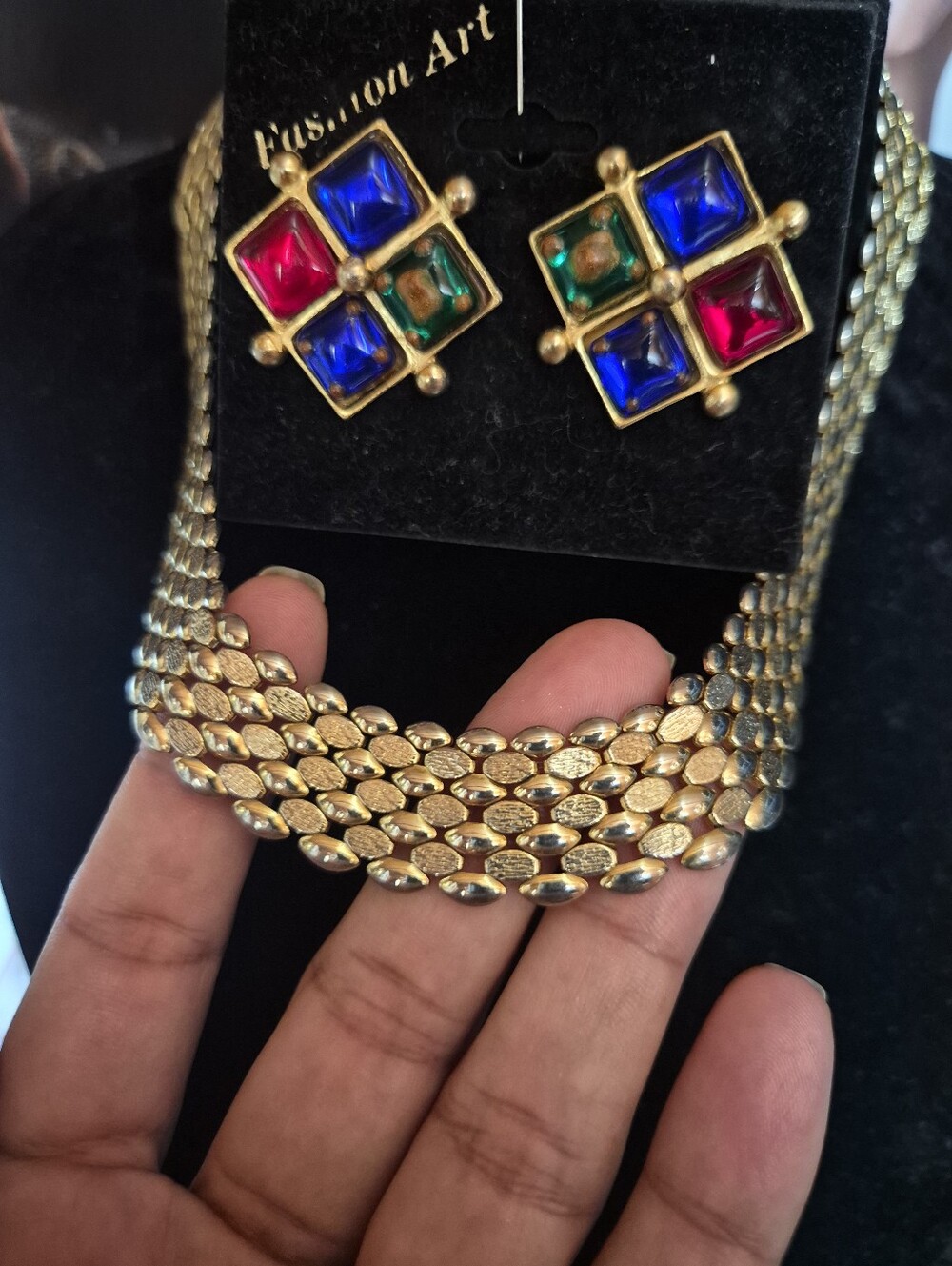 Vintage Gold-Tone Multi-Row Statement Necklace Carbochon Earrings Set